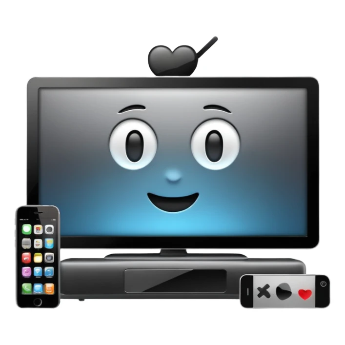 smart 4k big thin screen tv, iPhone emoji style, remote control next to it sticker