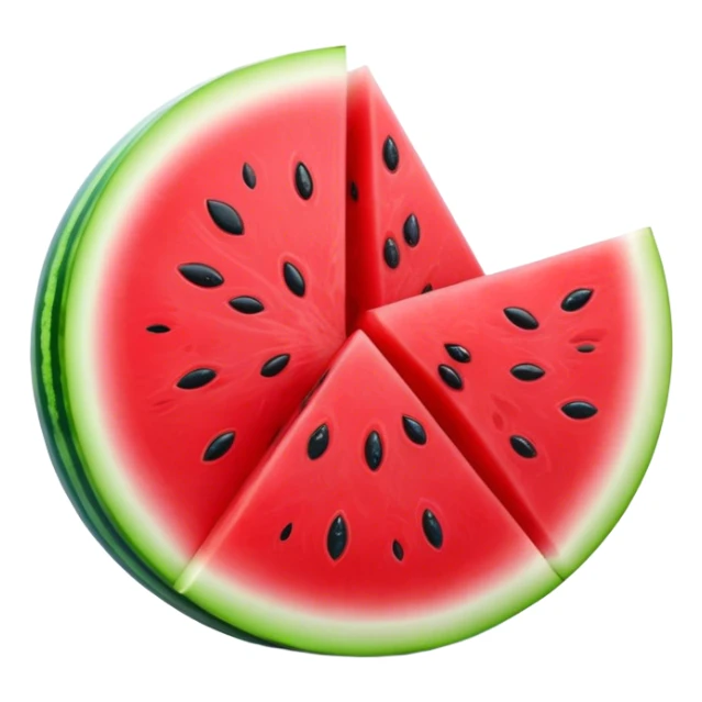 Cinematic juicy watermelon, thick slices revealing vibrant red interior, glossy and glistening with tiny black seeds, fresh and refreshing, soft glowing background, summer vibes. sticker