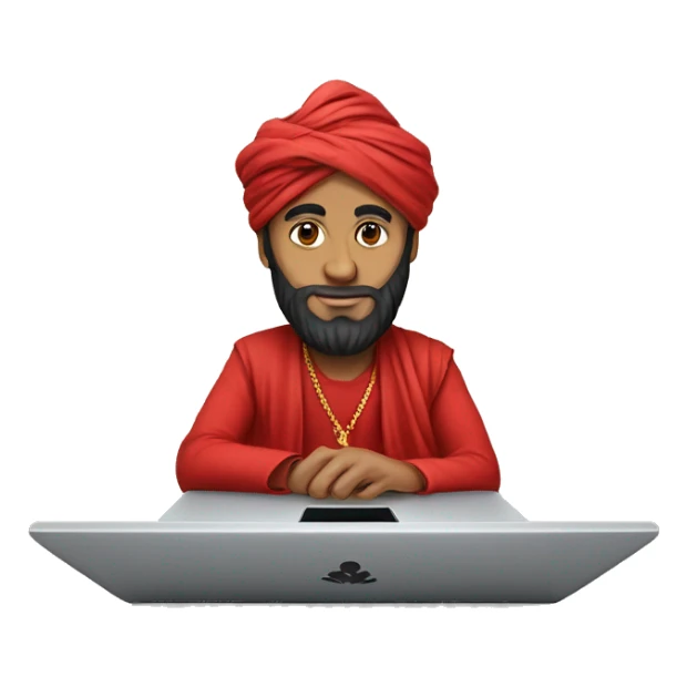 A caliph with turban and red clothes writing in a laptop sticker
