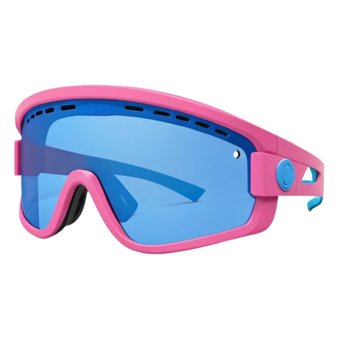 sporty pink shield visor sunglasses with thick ventilated frame, racing style air vents, massive build, one-piece blue tinted lens sticker