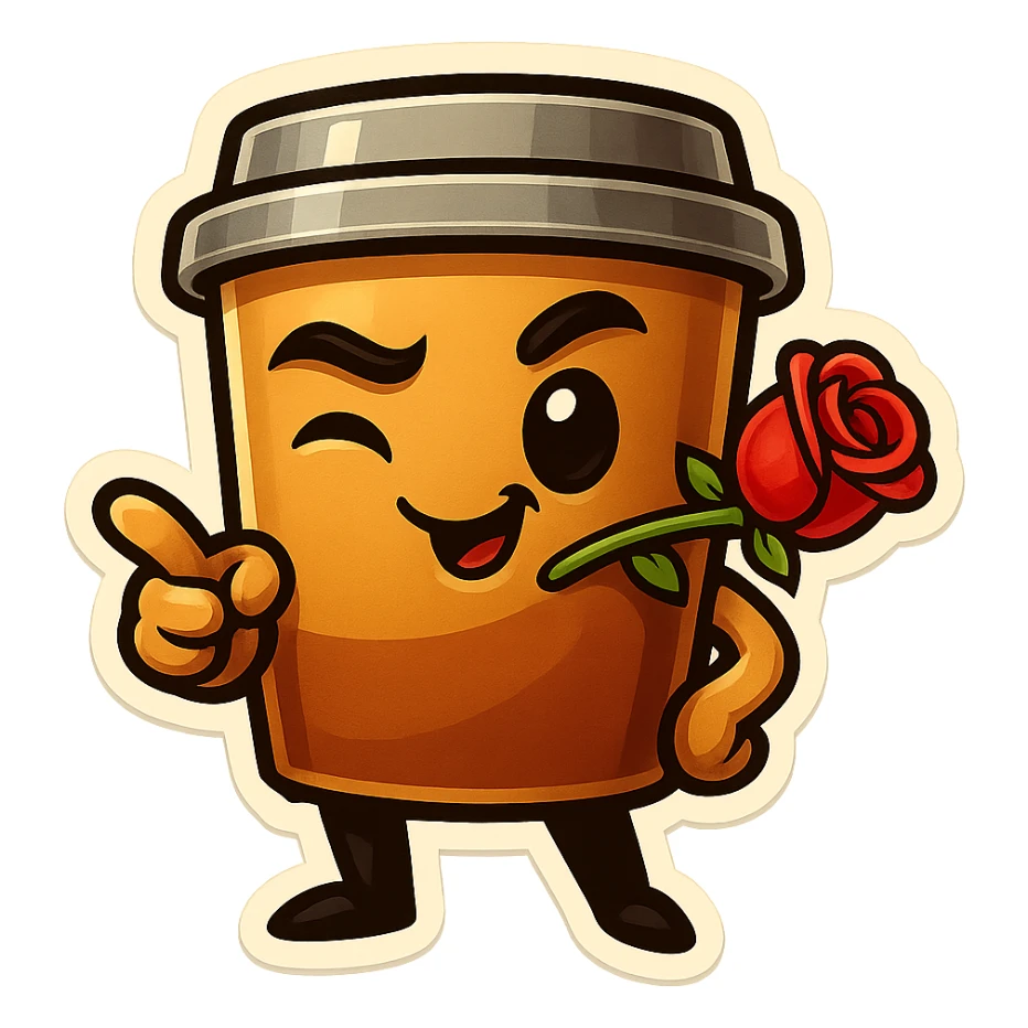 Tall coffee cup, rose in mouth, wiggle eyebrow, smirk, pointing at viewer sticker