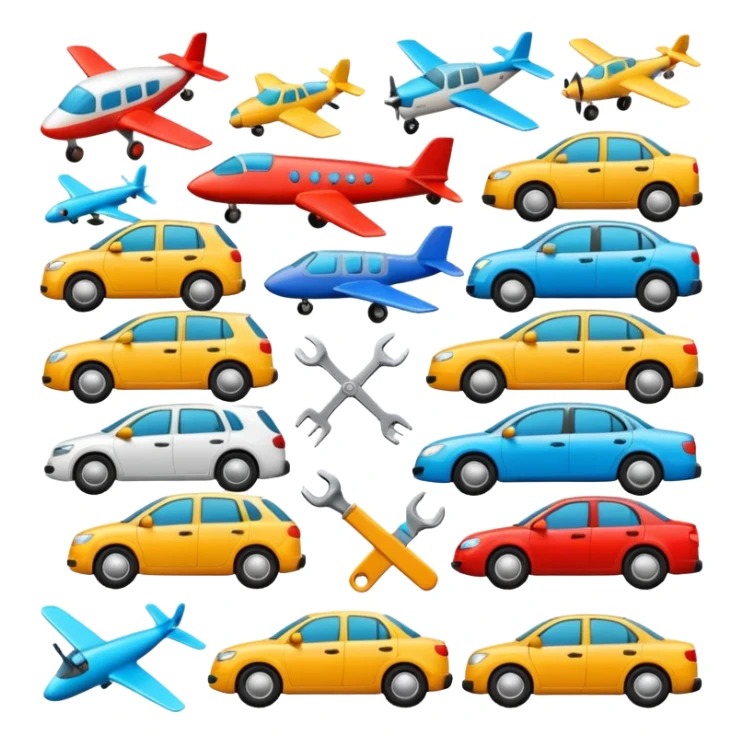 Emoji puzzle using objects or vehicles only.
Example: cars, bicycles, planes, tools.
One emoji slightly rotated or different shade.
Very subtle difference.
Modern flat design. sticker