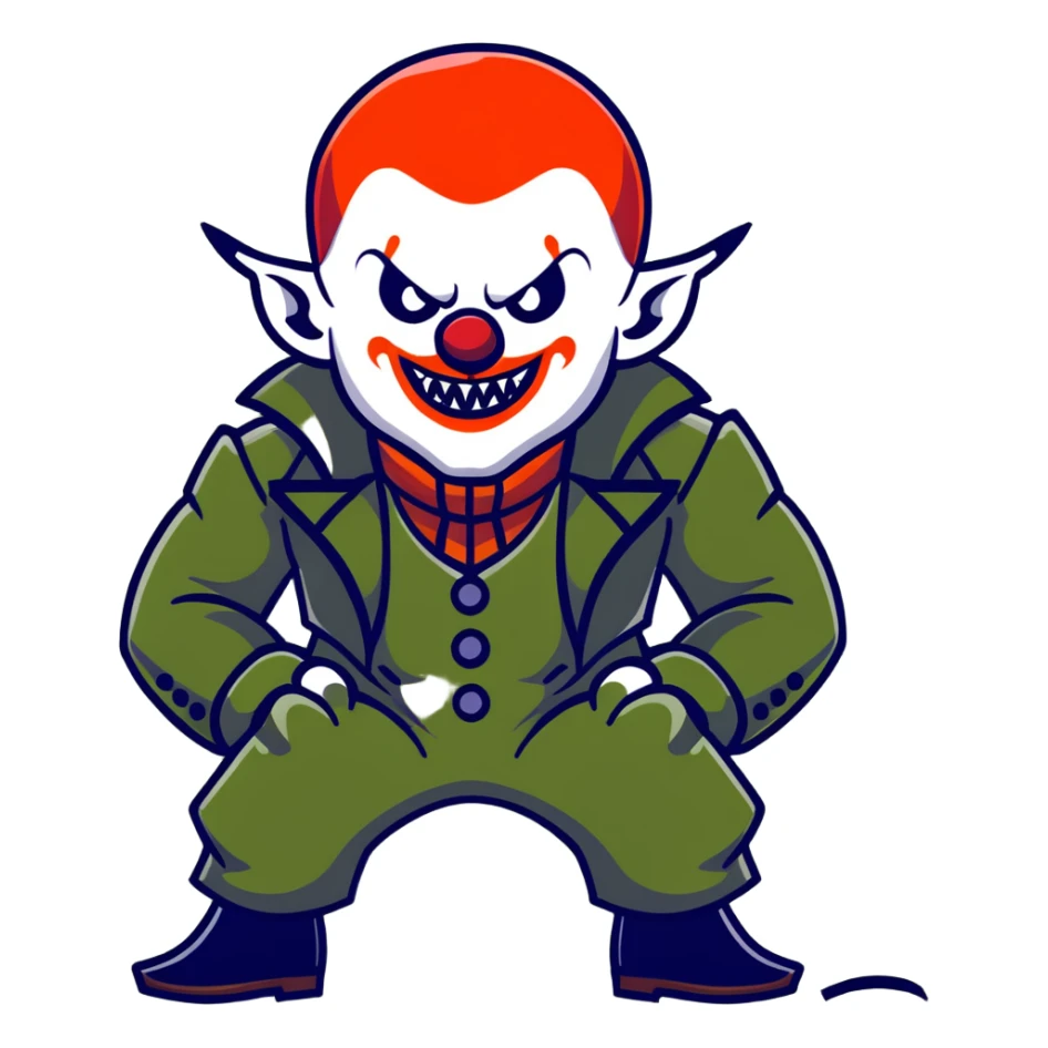 evil clown warrior, bald, small black horns on forehead, fangs, pointed ears, eye patch over one eye, long coat over black and military green leisure suit with bellbottom pants, tail, realistically proportioned, less bulky, full body visible, battle-ready fighting posture sticker