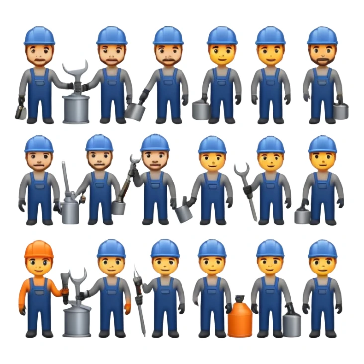 Professional custom emojis of industrial workers: welder, grinder, CNC operator, spray painter, metalworker. Modern, clean, slightly 3D style. Industrial color palette: steel gray, navy, orange. Transparent background sticker