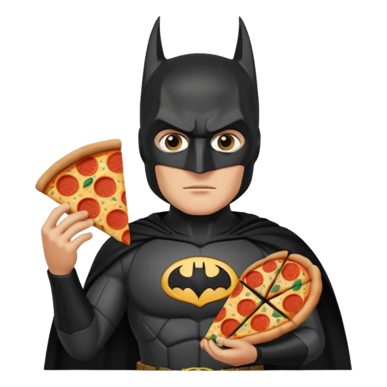 batman, wearing black ancient custome, with pizza sticker