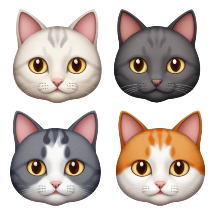 4 different coloured short haired cats including; a dark brown and white cat, and a dark grey and white  sticker