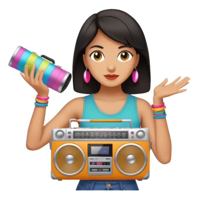 dar hair woman holding colorful boombox sticker