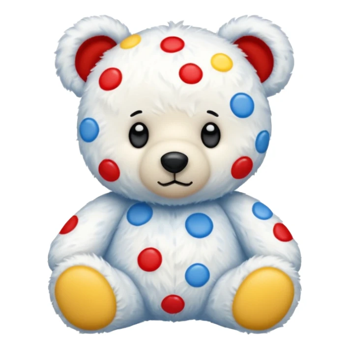 White teddy bear covered with blue, red and yellow spots sticker