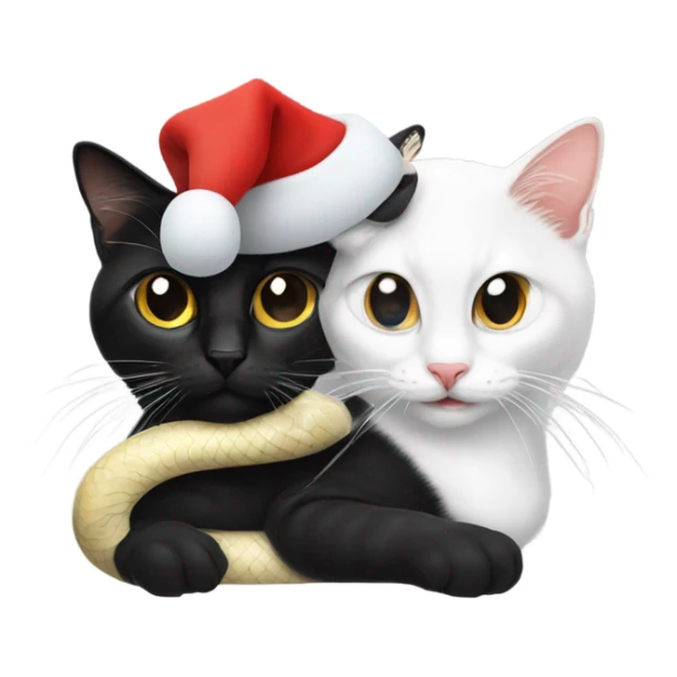 snake on a black and white cat, both wearing santa hats sticker