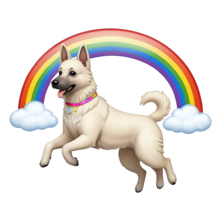 White belgian Shepard jumping over Rain puddles. There is a rainbow in the sky sticker