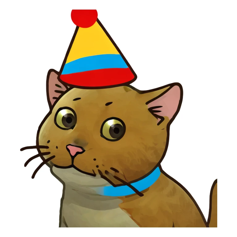ginger tabby kitten celebrating birthday, wearing a birthday hat, with birthday cake, balloons, happy expression, and gifts sticker