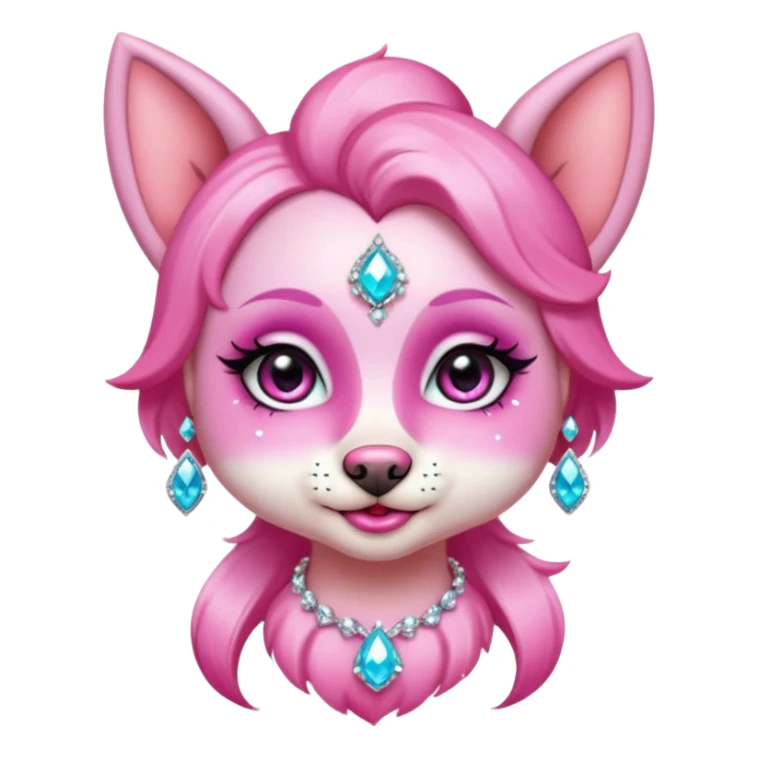 glamorous dog portrait, head and shoulders only, exaggerated pink makeup, bright eyeshadow, long eyelashes, shiny blush cheeks, sparkling face gems, glitter accents, elegant earrings, fantasy beauty style, cute 3D cartoon, mobile game icon style, clean background, no text, no watermark
 sticker