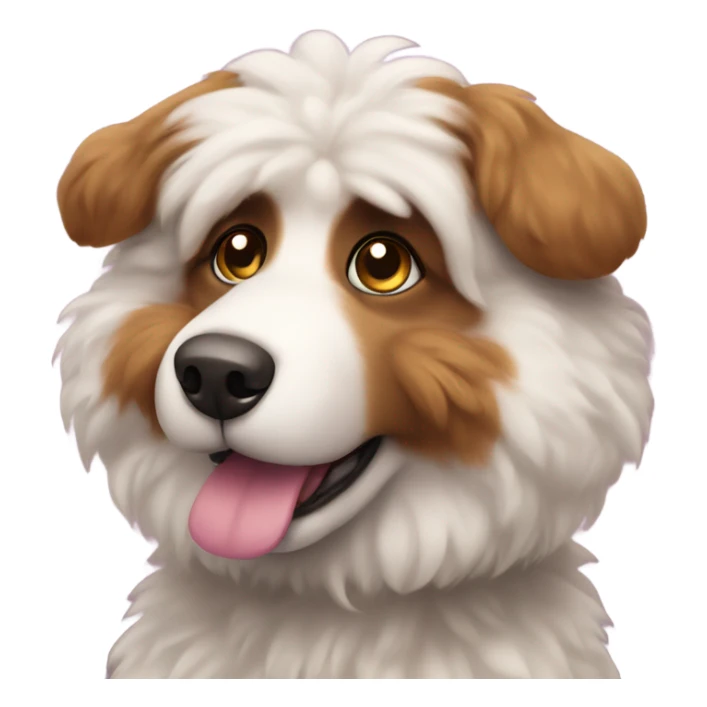 Fluffy dog with pink nose and big brown eyes looking at front sticker