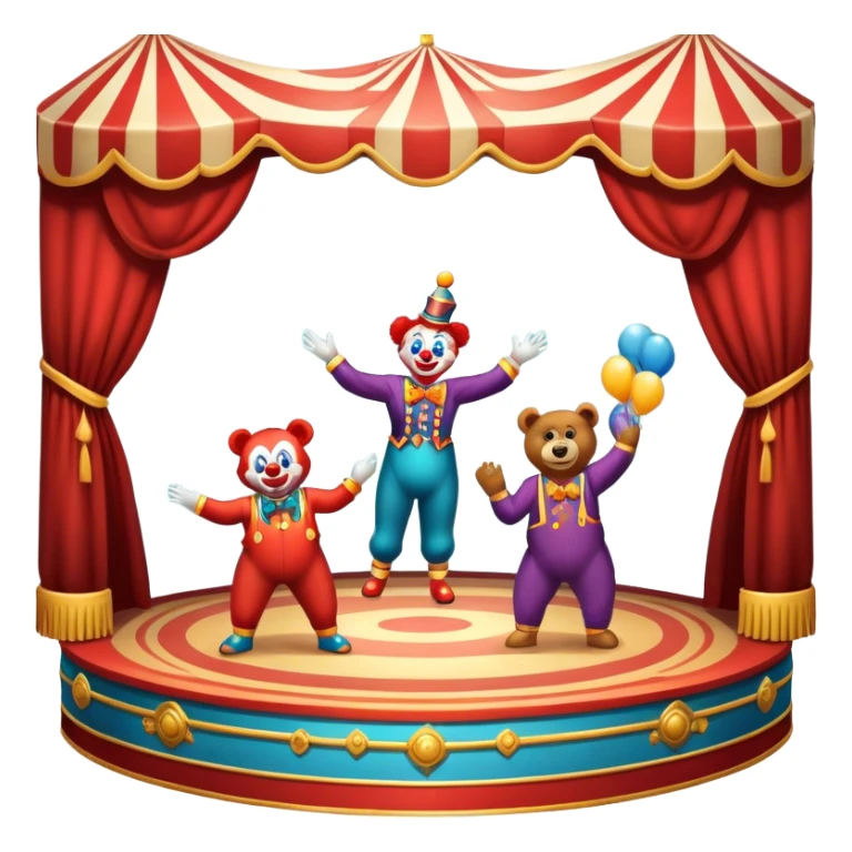 Professional icon for Circus Arts: a dynamic circus stage with acrobats in mid-performance, a clown and trained performing bears. The icon should convey the skill and excitement of the circus, with precise details on costumes, props, and the arena setting. Transparent background. sticker