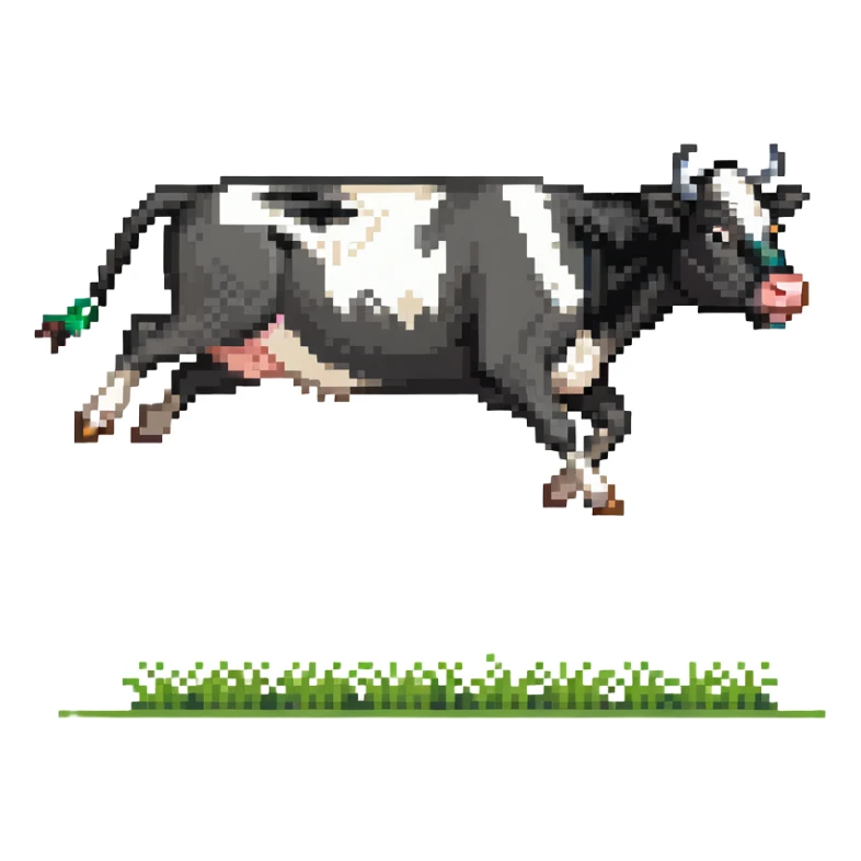 black and white cow jumping in a grass field sticker