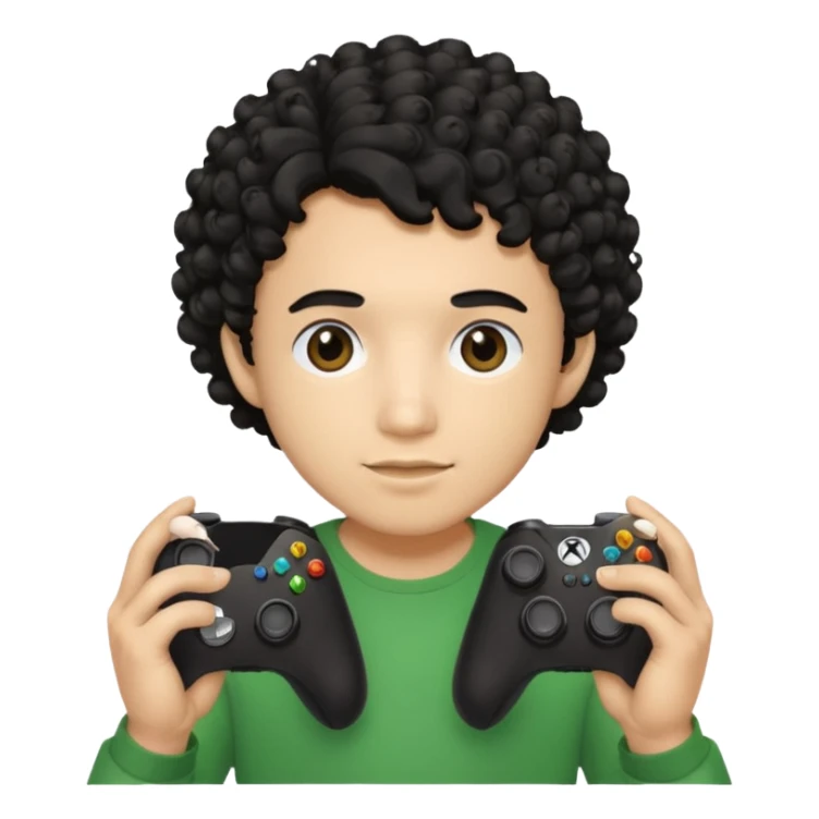 Chico con pelo rizado cabello color negro con control de Xbox sticker