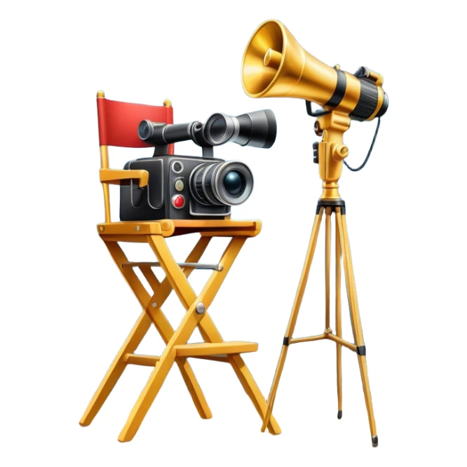 Icon for Directing: a director's chair, a large film camera, a megaphone, a stage set with lights and an Oscar statuette. The icon should represent the creative and leadership aspects of directing, with focus on film and theater production. Transparent background. sticker