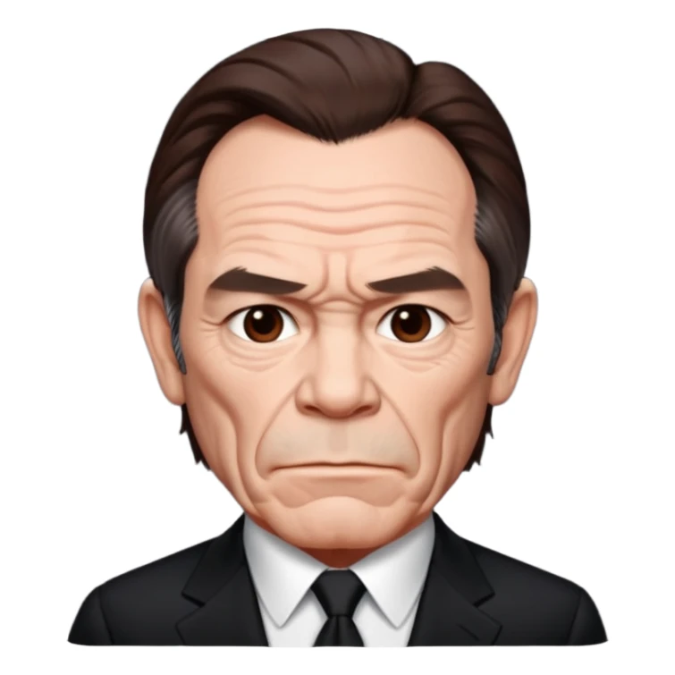 Tommy Lee Jones with dark brown hair, black suit sticker