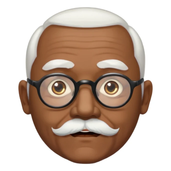 an elderly man with medium-dark skin tone, bald on top with short white hair at the sides, thick white eyebrows, large brown eyes, and wears black-framed glasses.
A small white beard sits above his mouth sticker