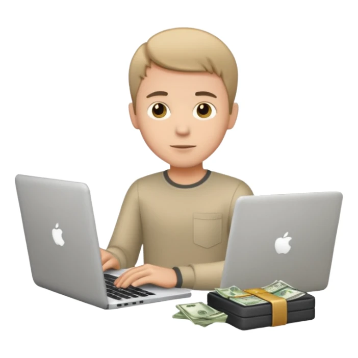 man with short hair with laptop and money sticker