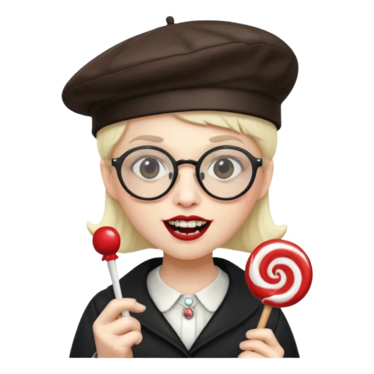 Vampire with lollipop, beret and glasses, teeth looks like vampire sticker