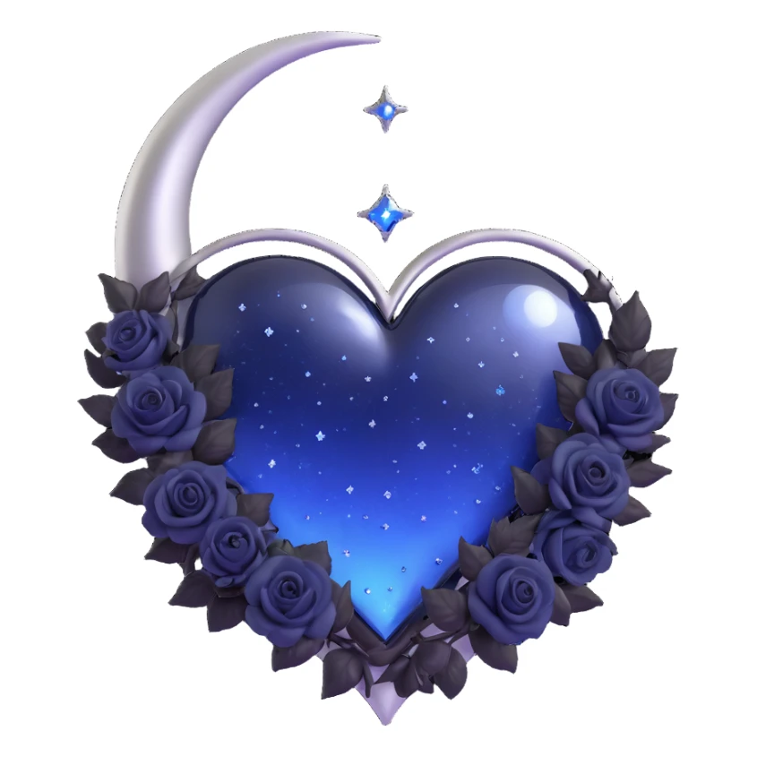 gothic heart, midnight blue glass, silver crescent moon, tiny black roses, shimmering stardust, rain-soaked look sticker