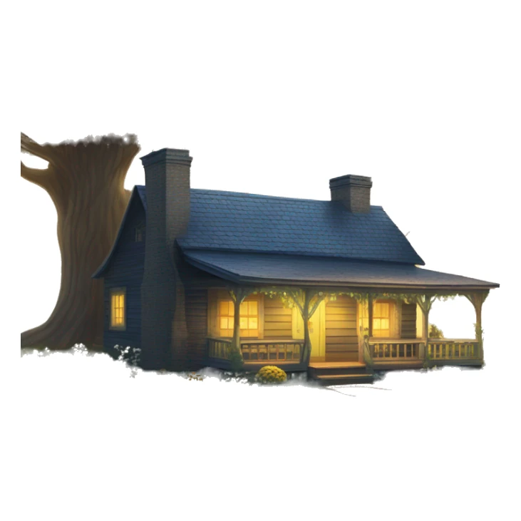 very very big Cabin near a big tree.  Thick moss growing on the roofs. grass fields. porch lights turned off. bright white interior lights turned off. guests sitting in chairs on the porch, flowers and bushes are yellow and blue. sticker