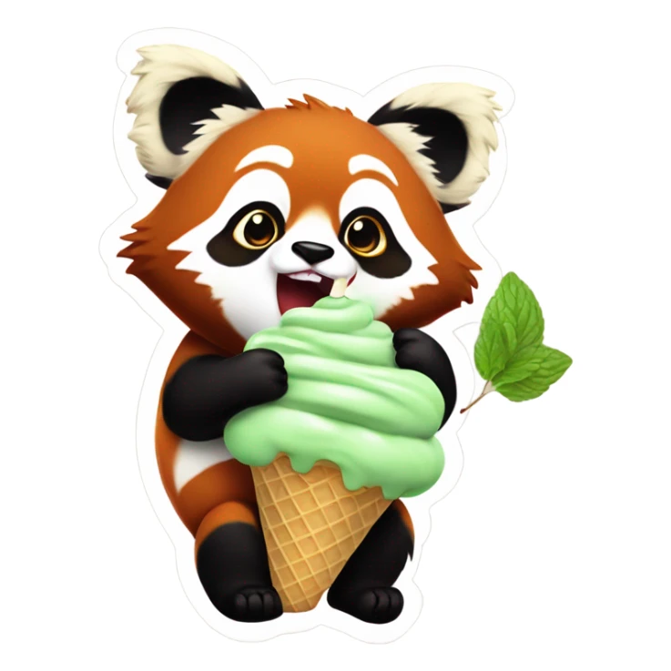 1 chubby extra large and small realistic Red panda eating mint chocolate chip ice cream  sticker