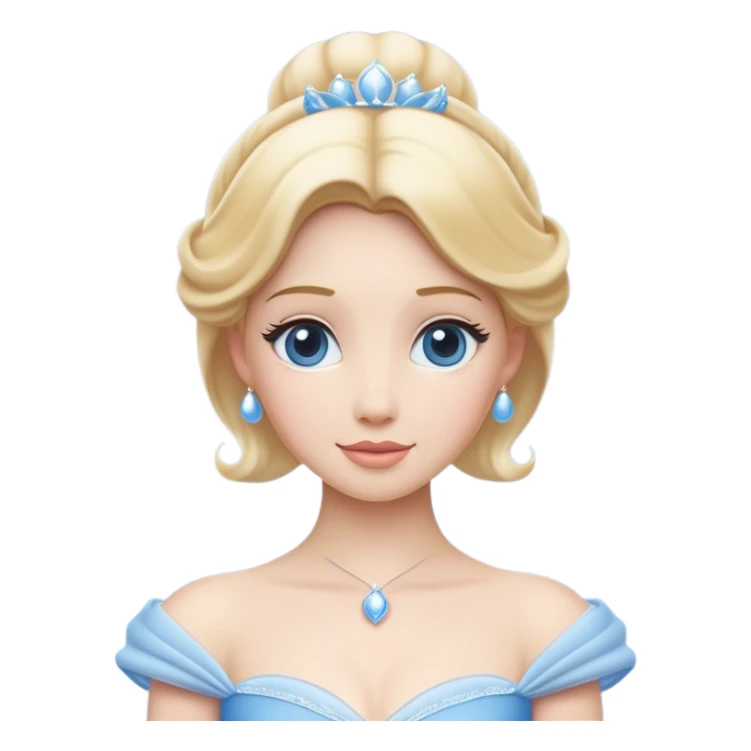 Cinematic Elegant Cinderella Portrait Emoji, rendered in a flat, vector-style with minimal shading and bold, simplified shapes. Depict Cinderella in her classic ball gown (chest and above) with fair, porcelain skin and elegantly styled blonde hair, her eyes soft and kind, and her expression serene and graceful. The design glows with a gentle, enchanting radiance and high shine, capturing the timeless beauty of a fairy tale princess. sticker