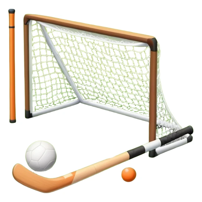 field hockey stick and ball on green grass field with goalposts sticker