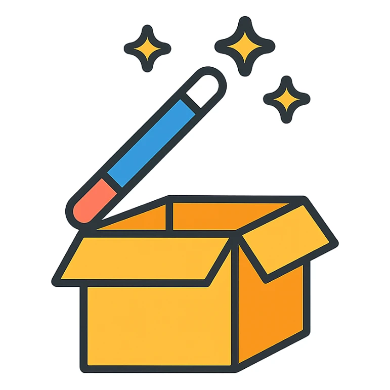 a simple and bright icon of a box with a magic wand on top, suitable for an icon sticker