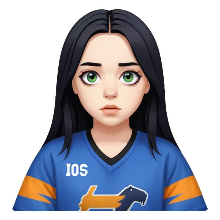 billie eilish long black hair dark eyeliner makeup, wearing jersey sticker