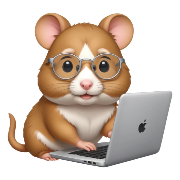 Silver-rimmed, bespectacled front hamster working on a laptop sticker