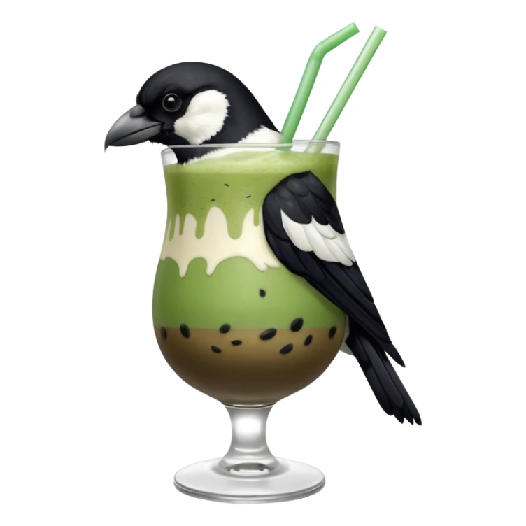  ONE Australien Magpie (just black and white feathers) sitting on an iced matcha latte on the edge of the glass. magpie has green matcha on its beak. matxha latte is in a see through glass and white from the oat milk on the bottom and green without seeds on top… one straw & ice cubes sticker