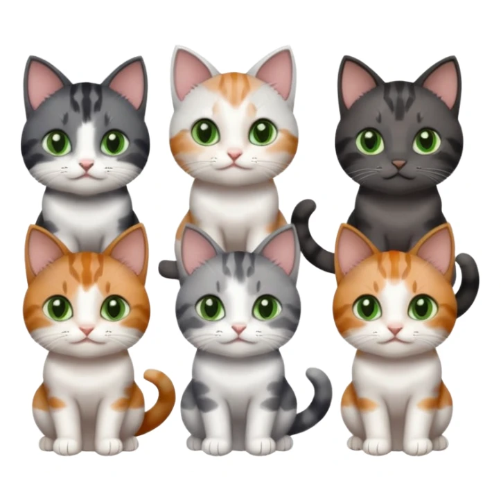 6 different coloured small cats including a dark grey and white, and a patchy calico, and a brown tabby and white,  and a completely solid dark grey with green eyes and only white paws sticker