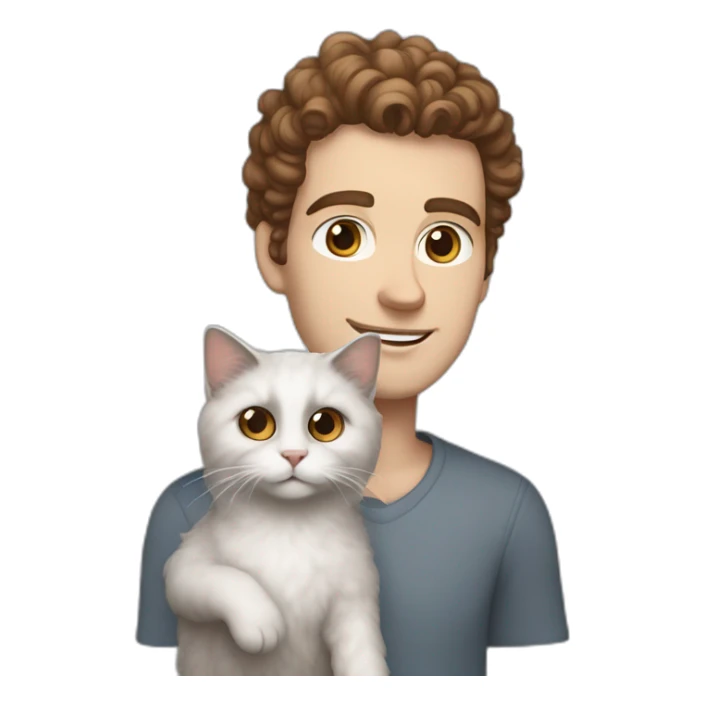 White man with brown curly hair, brown eyes, thick eyebrows, sharp jawline, bigger nose holding white and grey Ragdoll cat sticker