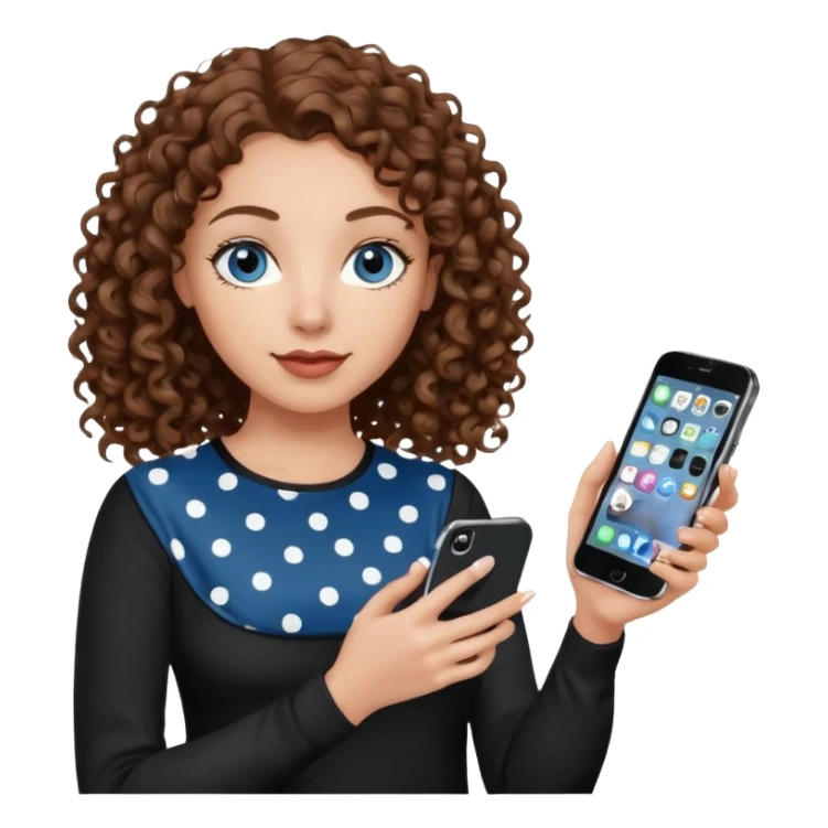 generate a pretty woman with blue eyes, light skin and medium brown curly shiny hair holding an iphone with a black and white polka dot case. she is looking at the phone and holding it in her hand. she is wearing a black long sleeve sticker