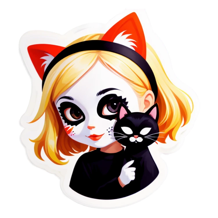 Little blonde girl with black and white cat mask sticker