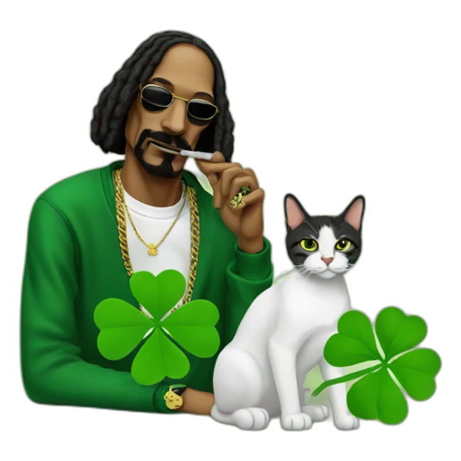 Snoop Dogg smoking weed with a shamrock and a cat sticker