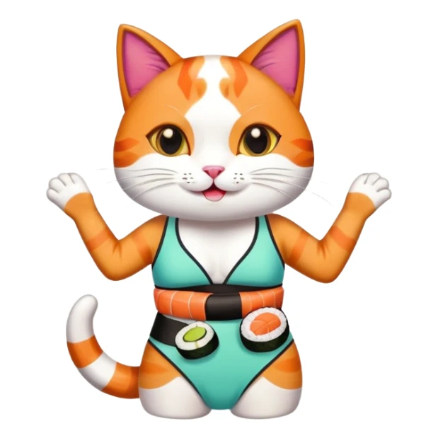 happy cat wearing a swimsuit made out of sushi sticker