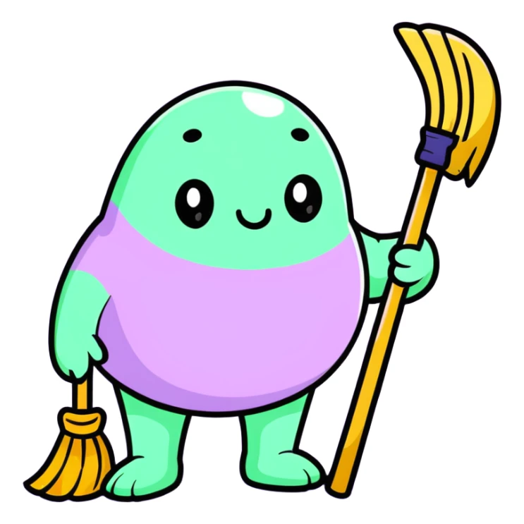 chubby lavender-colored lavender flower character with droopy eyes and a tired face, holding a tiny broom sticker