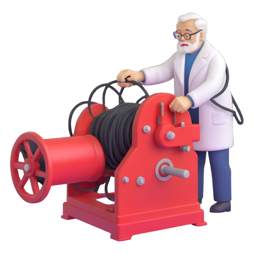 Elderly Russian scientist operating winch equipment on vintage marine geology research ship sticker