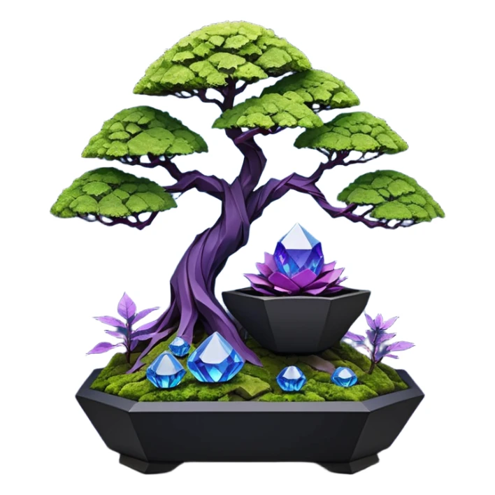 Futuristic wild glowing alien moss maples Bonsai hair-fine-leaf group multi faceted intricate crystal boxwood Darth Vader purple rose blue informal rocky cliffhanger eight trees forest planting in shallow origami slab style pot with big anthropomorphic feet  sticker