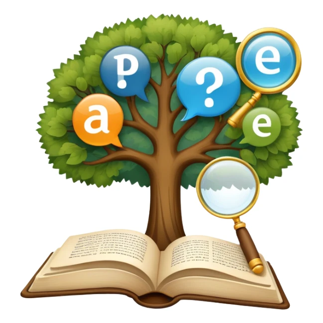 An icon featuring an open book, a speech bubble, and a linguistic tree, symbolizing philology and linguistics. The design includes alphabets, language symbols, and a magnifying glass, representing the study of language, structure, and meaning. Transparent background sticker