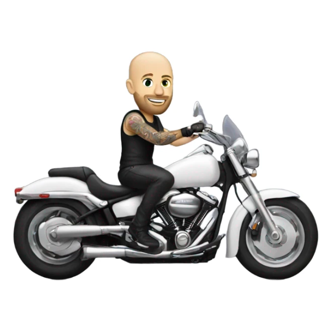 tattooed white and bald guy on a white motorcycle sticker