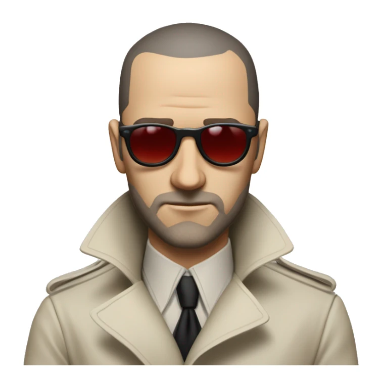 <excerpt>
A 1930s white man with real buzz cut Black hair, beard stubble donning small red tinted sun glasses in a dirty white trench coat, is serious.
</excerpt> sticker