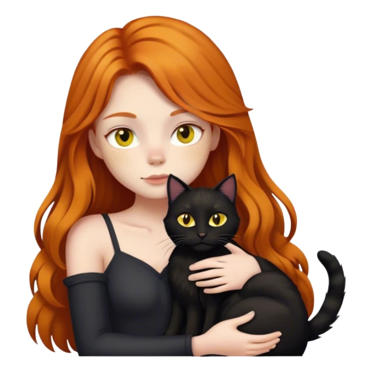 Long-haired black cat with a white patch on its chest and yellow eyes cuddling with a ginger girl sticker