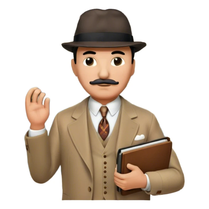 A cinematic-style frame showing Hercule Poirot in his iconic suit with a notebook in a dramatic detective pose. Background should be mysterious city, map, a board with photos of suspects, clues like fingerprints. Transparent background. sticker