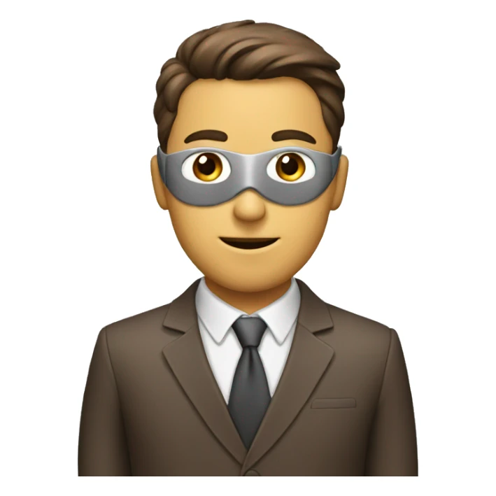 a guy with a brown suit and grey mask with "N." written on it sticker