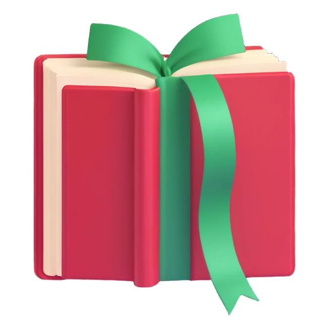 open red hardcover book with green ribbon bookmark sticker